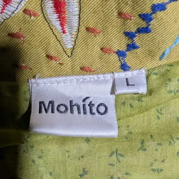 Vtg Y2K Mohito Lime Green Tribal Floral Embroidered Cotton Blazer Jacket Sz L - Picture 4 of 5